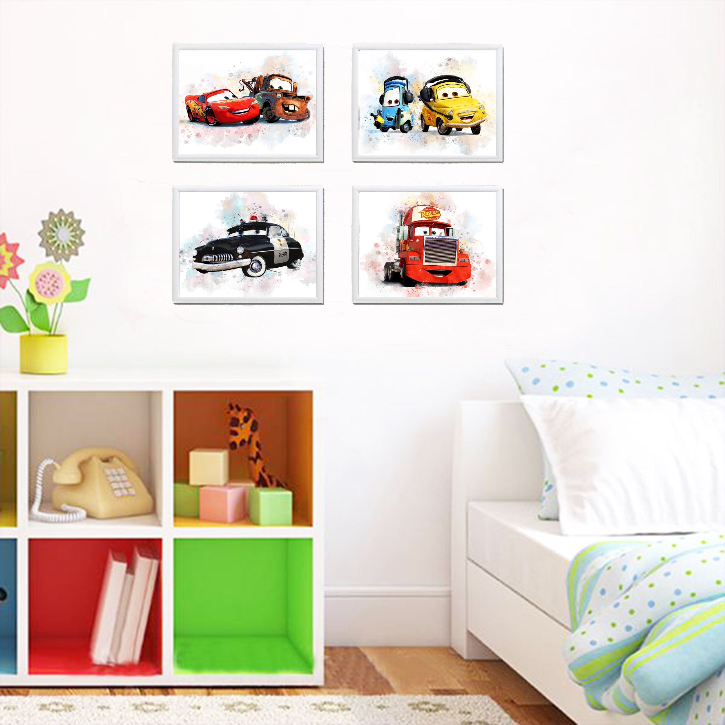 セット 4 ディズニー カーズ 印刷可能なアート 水彩 ディズニー カーズ
