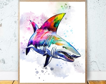 Watercolor Shark PRINTABLE ART Nautical Decor Sharks Print Ocean Great White Shark Poster Shark Wall Decor Beach Art Nursery Painting #6