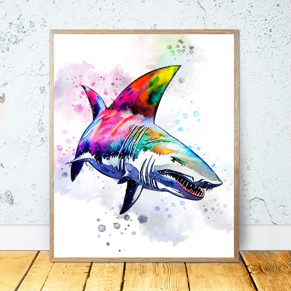 Watercolor Shark PRINTABLE ART Nautical Decor Sharks Print Ocean Great White Shark Poster Shark Wall Decor Beach Art Nursery Painting #6