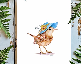 Cute Wren PRINTABLE ART, Hand-painted Watercolor, Cute Print, Funny Print Whimsical Print Cute Painting Nursery Bird Art Bird Lover Gifts