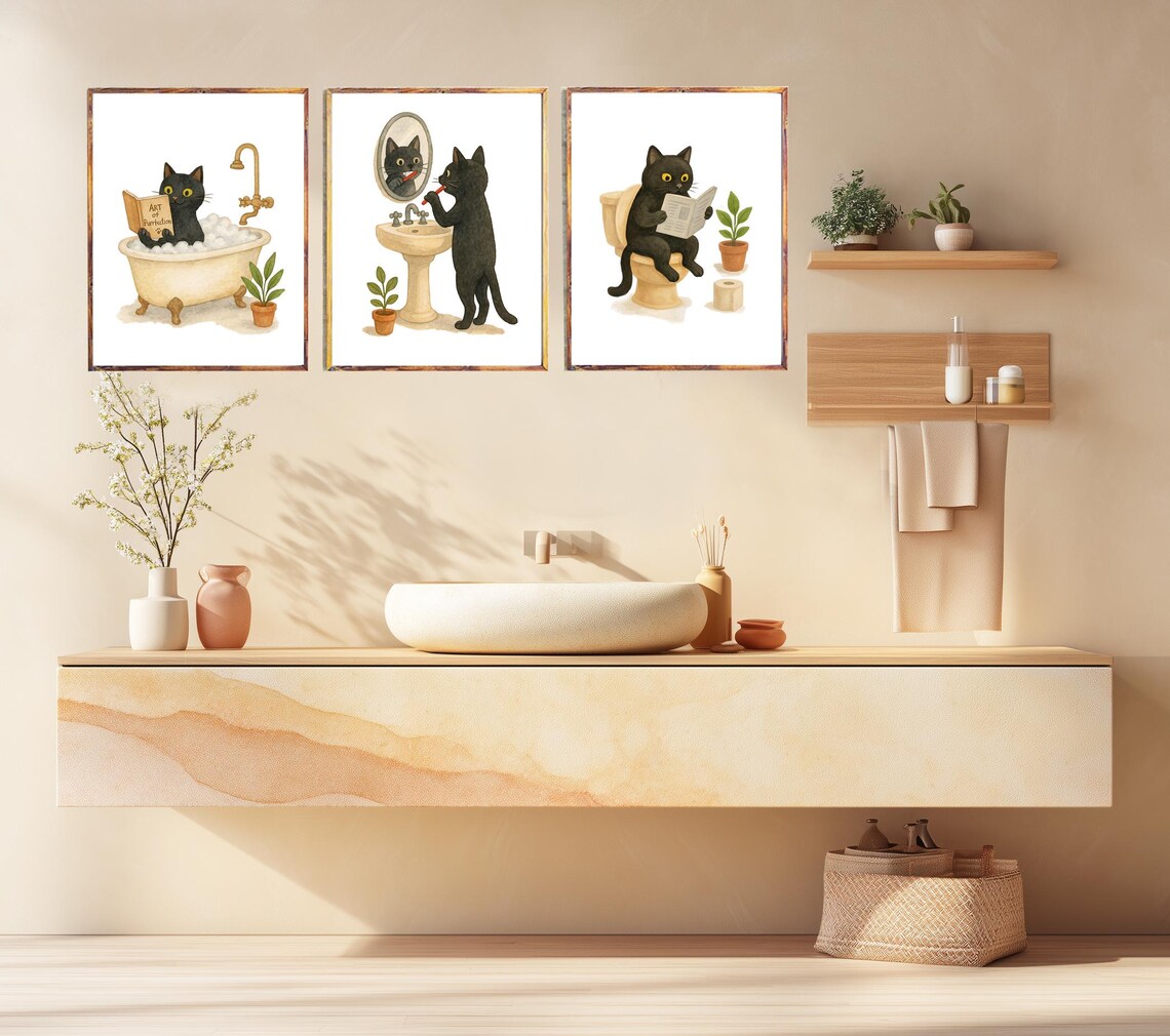 Bathroom Black Cat PRINTABLE ART- Set of 3 Prints Cat Decor Cat Art ...