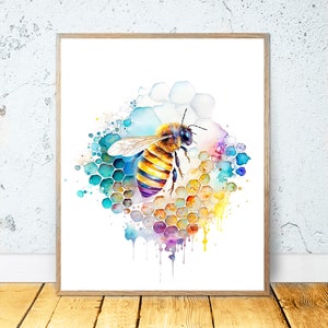 Watercolor Bee PRINTABLE ART Honeybee Print Poster Wall Decor Bee Painting Honeycomb Bumblebee Honeybee Nature Minimalist Insects Colorful