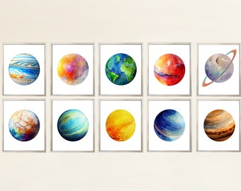 Solar System Set of 10 Watercolor Planets PRINTABLE ART Planet Space Wall Art Children Gifts Astronomy Posters Educational Printables Kids