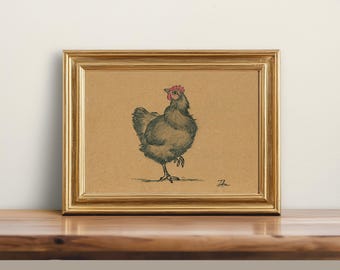 Original, PAS UNE IMPRESSION - dessin de poule, croquis au fusain de poulet, art de la ferme minimaliste, oeuvre d'art au crayon style vintage poule - art sans cadre 5 x 7"