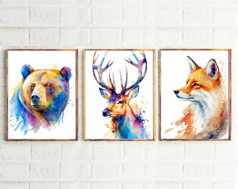 Conjunto de 3 animales del bosque acuarela IMPRIMIBLE ARTE oso zorro reno impresión animal cartel pintura colorida pared arte vivero niños regalo