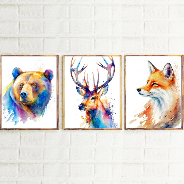 Set of 3 Woodland Animals Watercolor PRINTABLE ART Bear Fox Reindeer Print Animal Poster Colorful Painting Wall Art Nursery Children Gift