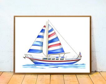 Watercolor Sailboat Print PRINTABLE ART Sailboat Wall Art Nursery Art Nautical Nursery Decor, Baby Room Wall Decor Kids Gallery Wall Art Boy