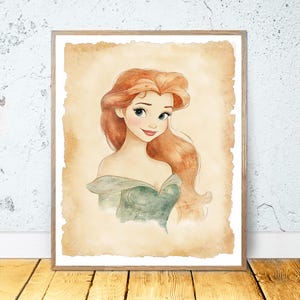 May include: A watercolor painting of a woman with long, flowing red hair. She is wearing a green dress and has a soft, gentle expression on her face.
