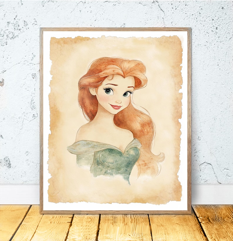 May include: A watercolor painting of a woman with long, flowing red hair. She is wearing a green dress and has a soft, gentle expression on her face.