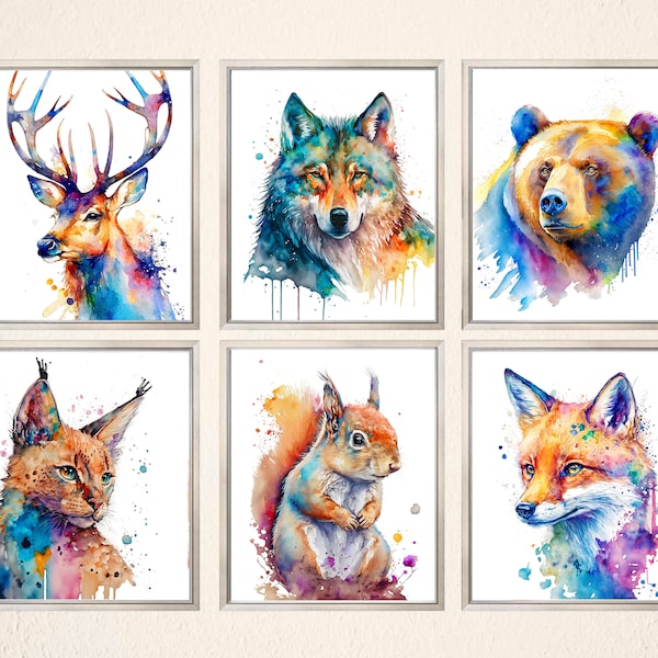 Set of 6 Woodland Animals Watercolor PRINTABLE ART Fox Wolf Bear Animal Print Poster Colorful Painting Wall Art Nursery Children Gift Decor