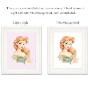 May include: Two framed art prints featuring a watercolor illustration of a woman with red hair and a green dress. One print has a light pink background, the other a white background. The prints are available in two versions of background: Light pink and White background. Both are included.