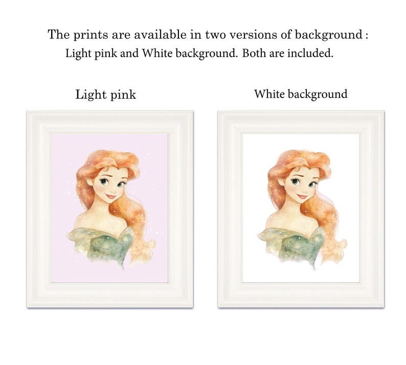 May include: Two framed art prints featuring a watercolor illustration of a woman with red hair and a green dress. One print has a light pink background, the other a white background. The prints are available in two versions of background: Light pink and White background. Both are included.