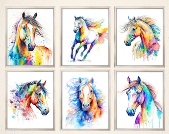 May include: Six framed watercolor paintings of horses. Each painting features a horse's head or a horse in motion, rendered in vibrant colors including blue, yellow, orange, and purple. The artwork has a loose, expressive style.