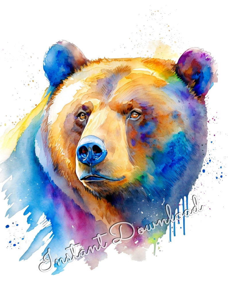 Puede incluir: Pintura de acuarela de la cabeza de un oso marr&oacute;n con acentos azules, morados y amarillos. El oso est&aacute; mirando directamente al espectador con una expresi&oacute;n seria. El fondo es una acuarela de azul, morado y amarillo.