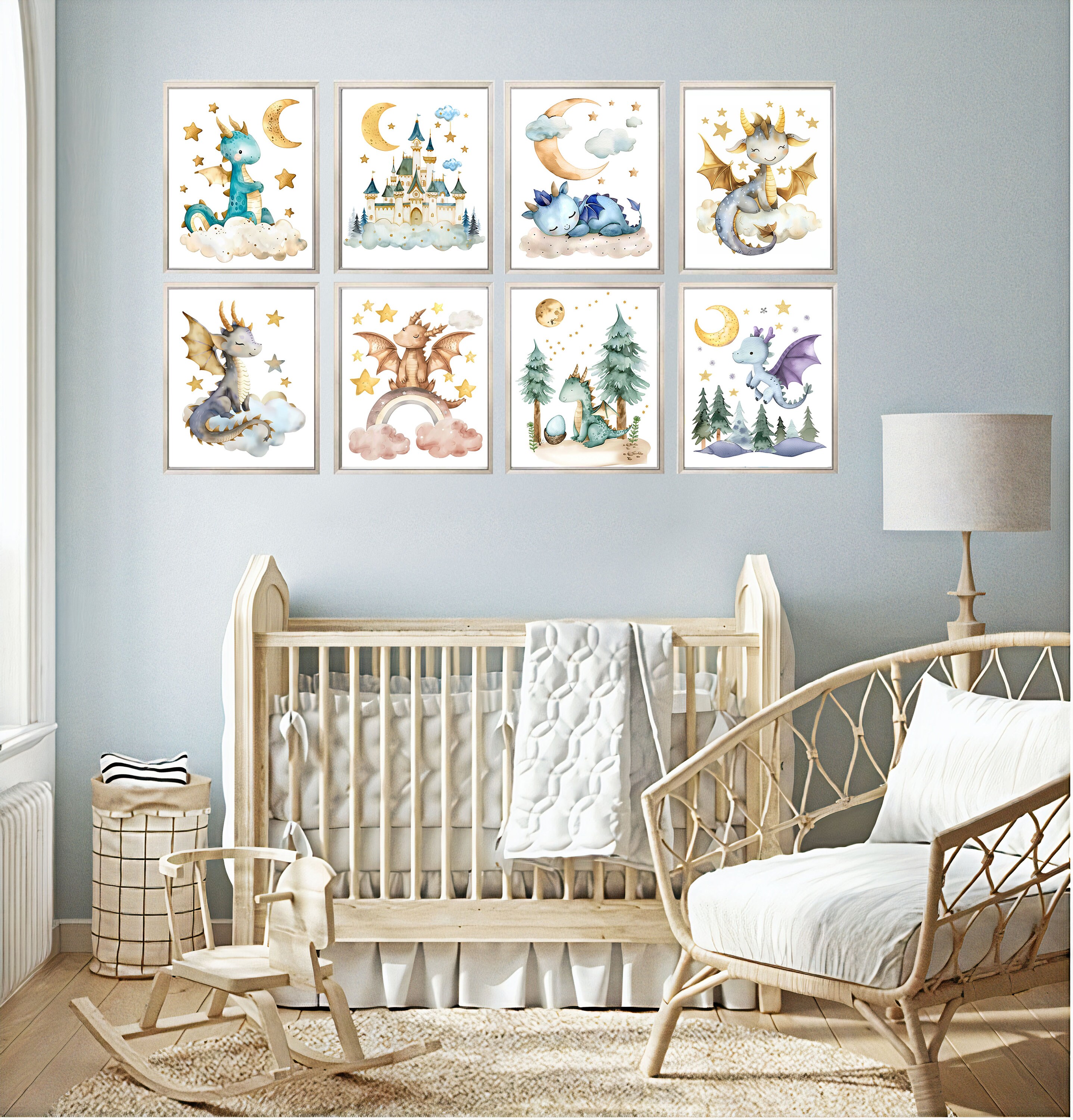 Set of 8 Baby Dragons, PRINTABLE WALL ART, Dragon Nursery Decor ...