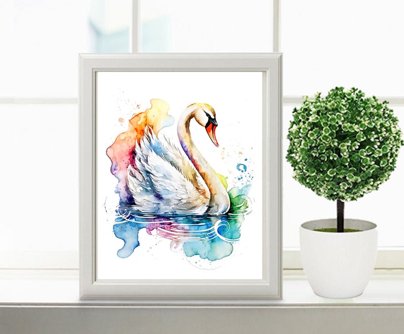 Puede incluir: Una pintura de acuarela de un cisne blanco nadando en un fondo abstracto colorido. El cisne est&aacute; mirando hacia la izquierda y tiene la cabeza girada hacia la derecha. El fondo es una mezcla de azul, verde, amarillo, naranja y rosa.