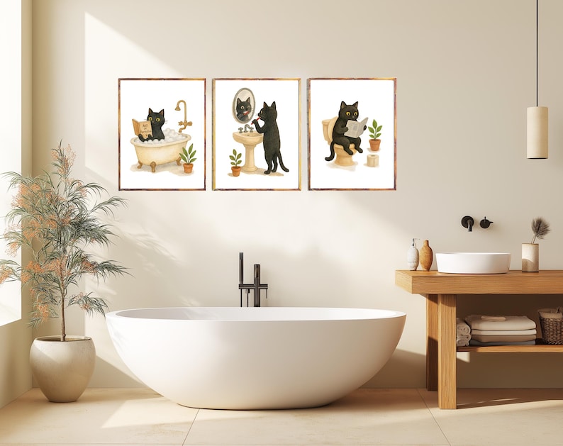 Bathroom Black Cat PRINTABLE ART- Set of 3 Prints Cat Decor Cat Art ...