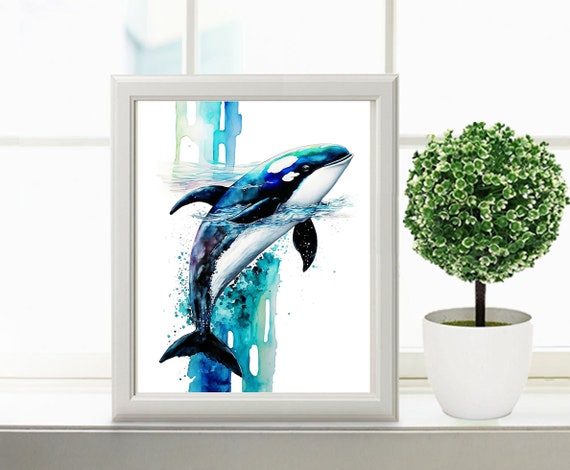 水彩シャチ 印刷可能なアート 海の装飾 シャチのプリント 海のサメの