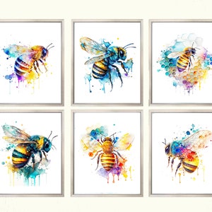 Set of 6 Bees Watercolor PRINTABLE ART Bee Print Bumblebee Honeybee Poster Colorful Painting Wall Art Nursery Children Gift Nature Bee Gifts
