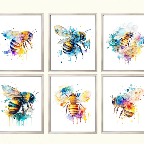 Set of 6 Bees Watercolor PRINTABLE ART Bee Print Bumblebee Honeybee Poster Colorful Painting Wall Art Nursery Children Gift Nature Bee Gifts