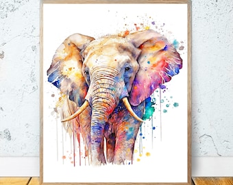 Elefante dell'acquerello ARTE STAMPABILE Stampa elefante Scarica Elefante Poster Fauna selvatica Regalo Animali Decor Nursery Animal Painting Colorato #51