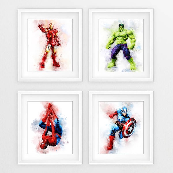 Set 4 Superheroes  DOWNLOAD Watercolor Art Prints Superhero Avengers Marvel Art Print Poster - Ironman , Captain America, Hulk and Spiderman