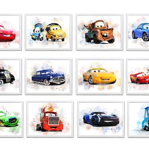 セット 12 ディズニー カーズ 印刷可能なアート 水彩 ディズニー カーズ プリント ディズニー カーズ ポスター カーズ ウォールアート ディズニー デコレーション ディズニー プリント ライトニング マックィーン
