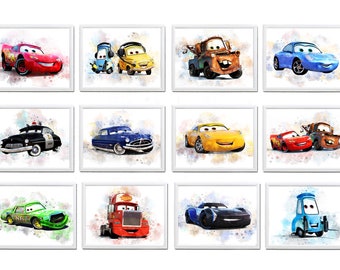 Set 12 DISNEY CARS Printable Art Watercolor Disney Cars Print Disney Cars Poster Cars Wall Art Disney Decor Disney Prints Lightning McQueen