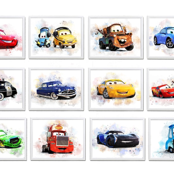 Set 12 AUTOS DRUCKBARE Kunst Aquarell Autos Druck Autos Poster Autos Wand Kunst Dekor Auto Geschenke Fahrzeuge Jungen Dekor Jungen Spielzimmer Kinderzimmer