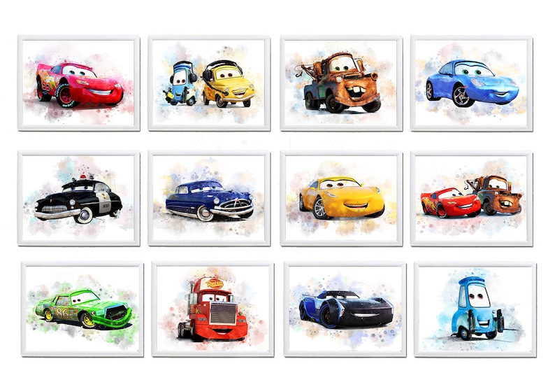 Set 12 DISNEY CARS Printable Art Watercolor Disney Cars Print - Etsy