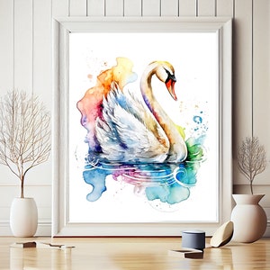 Puede incluir: Pintura acuarela de un cisne blanco con cuello largo y pico rojo, nadando en un fondo abstracto colorido de azul, verde, amarillo, naranja y rosa.