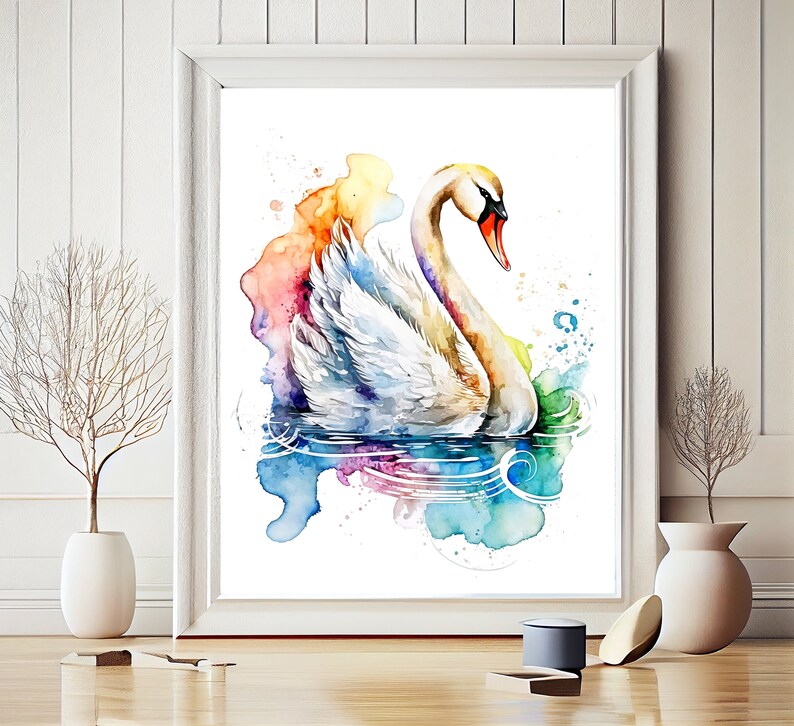 Puede incluir: Pintura acuarela de un cisne blanco con cuello largo y pico rojo, nadando en un fondo abstracto colorido de azul, verde, amarillo, naranja y rosa.