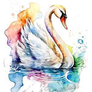 Puede incluir: Una pintura de acuarela de un cisne blanco con un cuello largo y un pico rojo. El cisne est&aacute; nadando en un cuerpo de agua con salpicaduras de acuarela coloridas en el fondo.