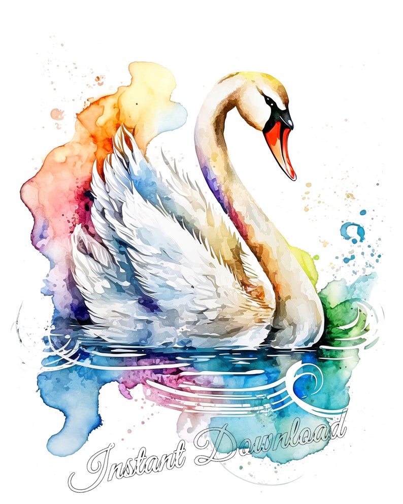 Puede incluir: Una pintura de acuarela de un cisne blanco con un cuello largo y un pico rojo. El cisne est&aacute; nadando en un cuerpo de agua con salpicaduras de acuarela coloridas en el fondo.