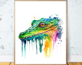 Aquarel Krokodil AFDRUKBARE KUNST Alligator Print Instant Download Krokodil Poster Wildlife Gift Dieren Decor Animal Painting Kleurrijk