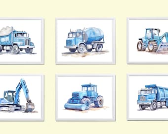 May include: Set of six watercolor illustrations of blue construction vehicles, including a dump truck, cement mixer, tractor, excavator, roller, and a flatbed truck. Each illustration is framed in a white frame.