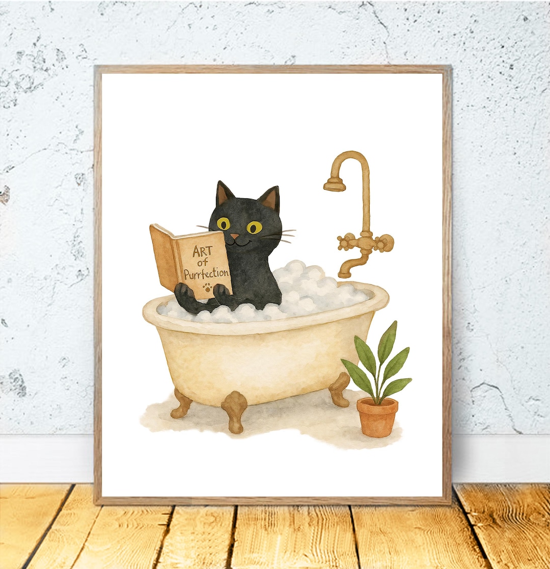 Bathroom Black Cat in Bathtub PRINTABLE ART Cat Decor Cat Art Funny ...