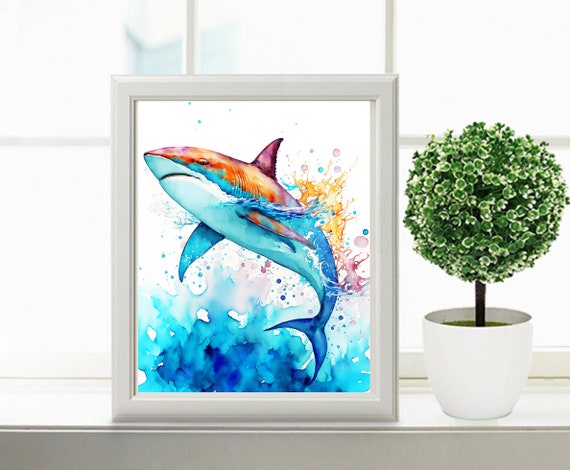 水彩サメ 印刷可能なアート 海の装飾 サメのプリント 海 ホオジロザメ