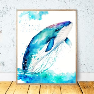 Aquarel Whale AFDRUKBARE KUNST Nautische Decor Bultrug Print Oceaan Walvissen Poster Wall Decor Art Sea Beach Decor Kwekerij Schilderij Blauw