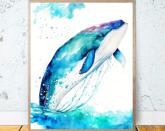 Watercolor Whale PRINTABLE ART Nautical Decor Humpback Whale Print Ocean Whales Poster Wall Decor Art Sea Beach Decor Nursery Painting Blue