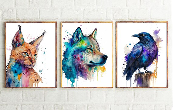 森の動物 水彩画 印刷可能なアート 3枚セット オオカミ ワタリガラス
