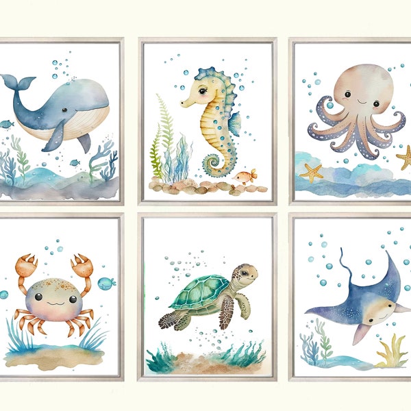 Set van 6 babydieren, afdrukbare kunst aan de muur, jongen kwekerij decor, aquarel, zee kwekerij decor, oceaan kwekerij decor, jongen kamer wanddecoratie
