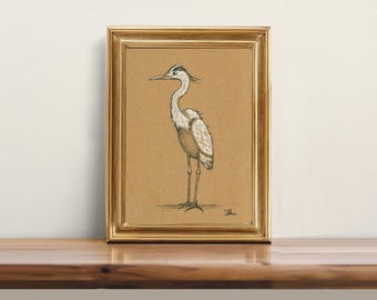 Original, NOT A PRINT - Crane drawing, Crane charcoal sketch minimalist art Crane pencil artwork Crane vintage style - Unframed art 5x7"