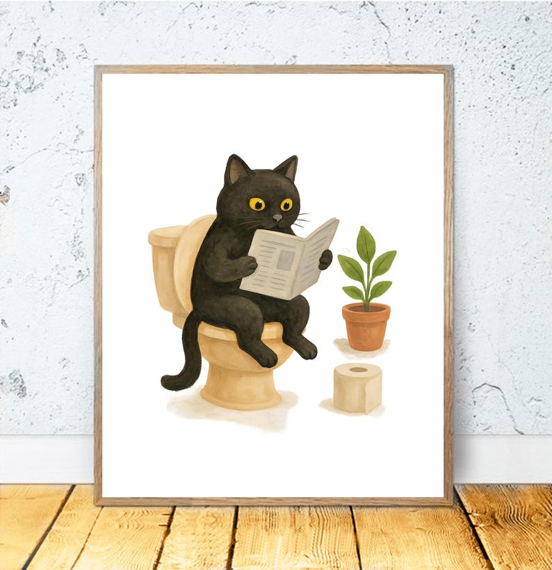 Bathroom Black Cat PRINTABLE ART- Set of 3 Prints Cat Decor Cat Art ...
