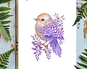 Wisteria Wren Watercolor PRINTABLE ART Cute Bird Painting Surreal Art Print Whimsical Print Cute Illustration Cottagecore Decor Fantasy Art