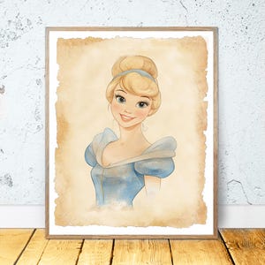May include: A watercolor illustration of Cinderella, a Disney princess, with blonde hair and a blue dress. She is smiling and looking at the viewer. The background is a light brown parchment paper.