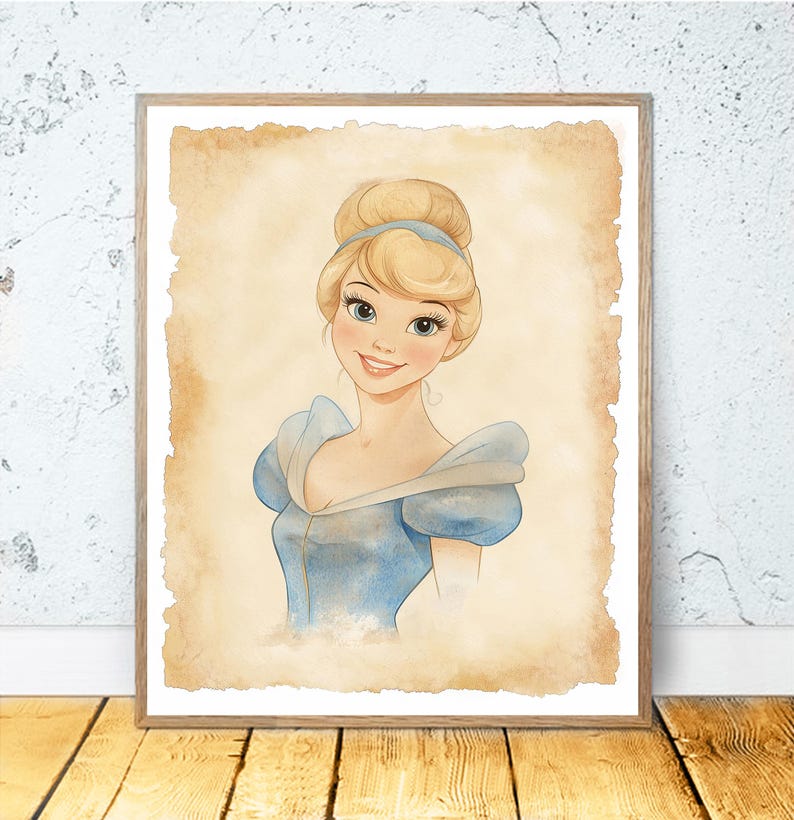 May include: A watercolor illustration of Cinderella, a Disney princess, with blonde hair and a blue dress. She is smiling and looking at the viewer. The background is a light brown parchment paper.