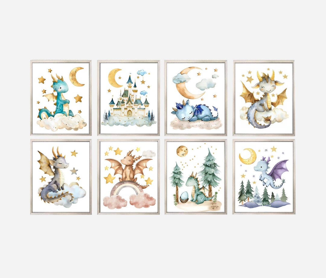Set of 8 Baby Dragons, PRINTABLE WALL ART, Dragon Nursery Decor ...