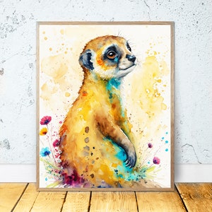 Watercolor Meerkat PRINTABLE ART Meerkat Print Download Meerkat Poster Gift Animals Decor Animal Painting Colorful Illustration Wildlife Art