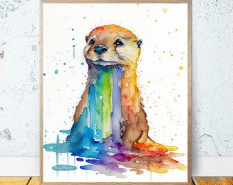 Watercolor Otter PRINTABLE ART - Cute Otter Print Otter Gifts Poster Animals Prints Home Decor Nursery Animal Colorful Wall Art Painting